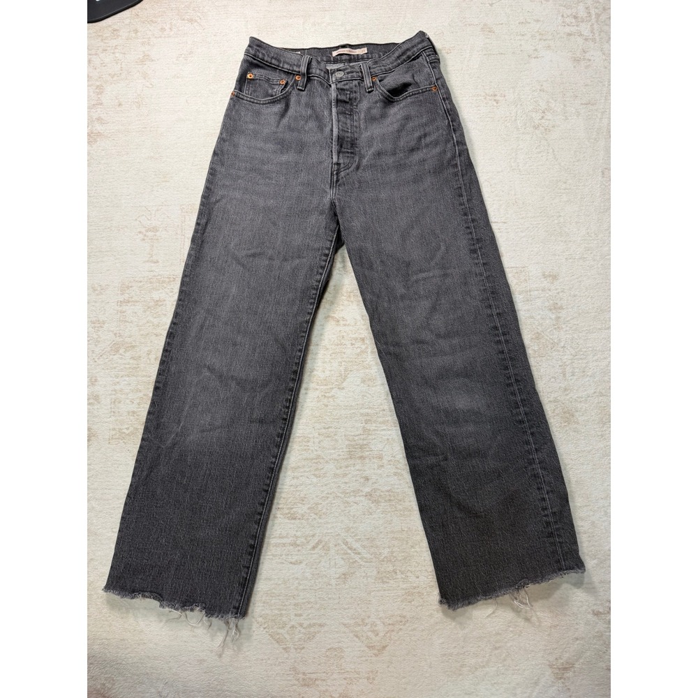 Levis Premium Ribcage Straight Jeans Washed Black Raw Hem 27